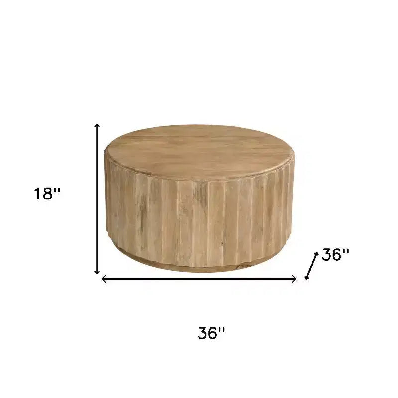 Tavolino da caffè rotondo a tamburo da 91 cm in legno massello di mango marrone con texture scanalata