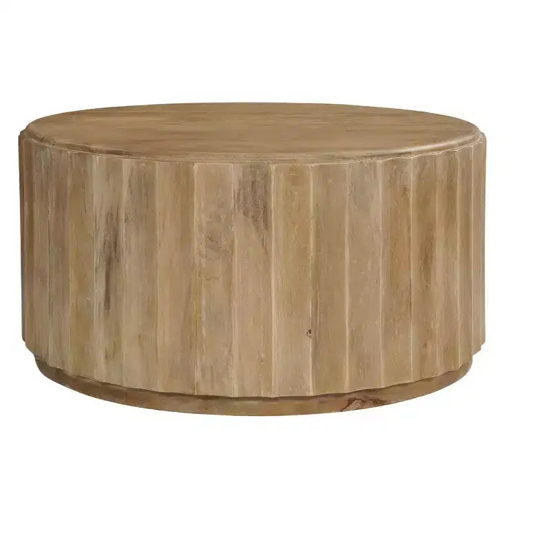 Tavolino da caffè rotondo a tamburo da 91 cm in legno massello di mango marrone con texture scanalata