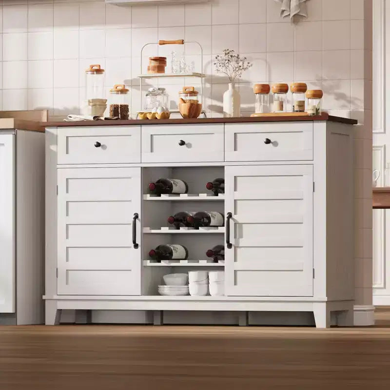 53.5 Rustic Wine Bar Cabinet  Buffet with Sliding Door, 3 Drawers, Adjustable Shelf & Removable Wine Rack for Dining Room