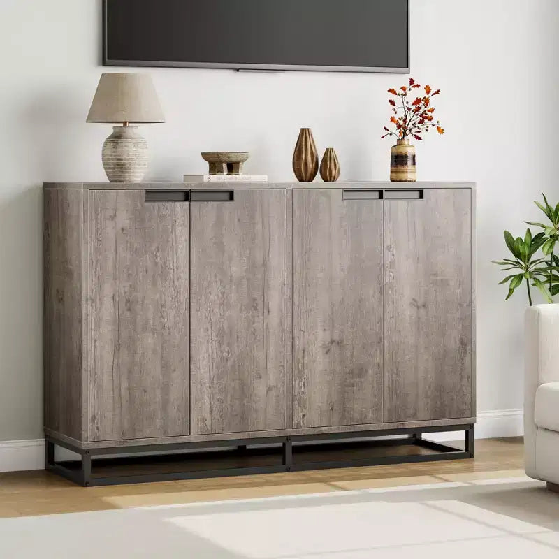 Credenza a Buffet da 55 Pollici con Mobile Contenitore, 4 Ante e Ripiani Regolabili per Cucina o Soggiorno