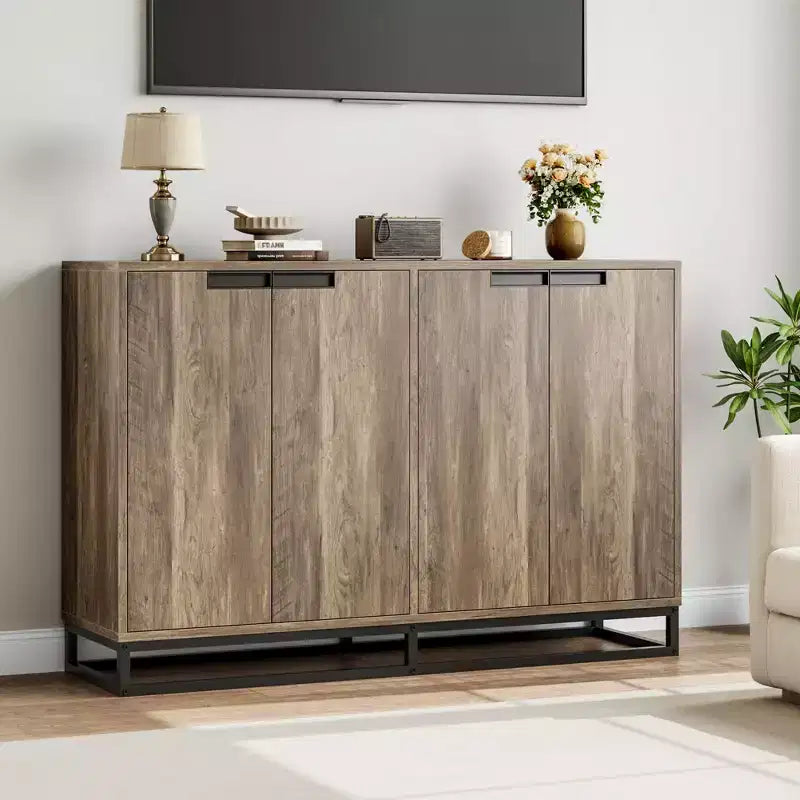 Credenza a Buffet da 55 Pollici con Mobile Contenitore, 4 Ante e Ripiani Regolabili per Cucina o Soggiorno