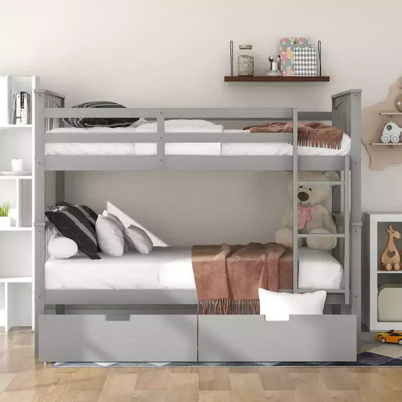 Letto a Castello in Legno Completo su Completo con 2 Cassetti Contenitori Sotto il Letto, Robusta Struttura del Letto per Camera da Letto, Grigio
