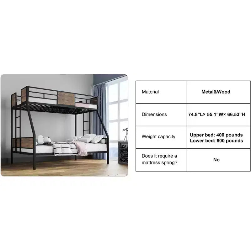 Letto a castello singolo sopra piazza e mezza con 2 scale e sponde di sicurezza, struttura in metallo con supporti in MDF, marrone