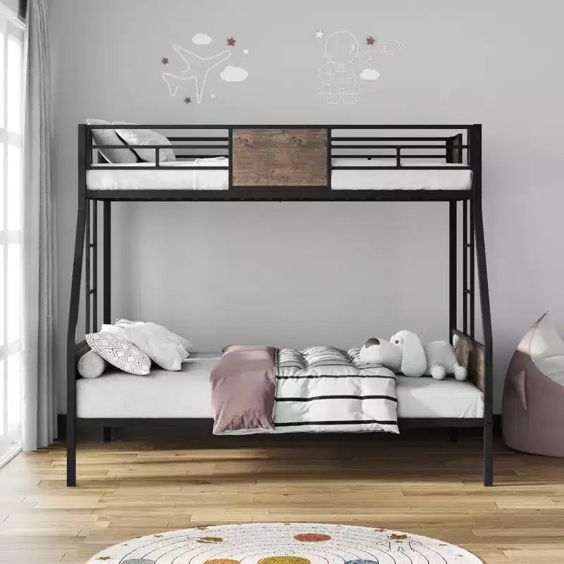 Letto a castello singolo sopra piazza e mezza con 2 scale e sponde di sicurezza, struttura in metallo con supporti in MDF, marrone