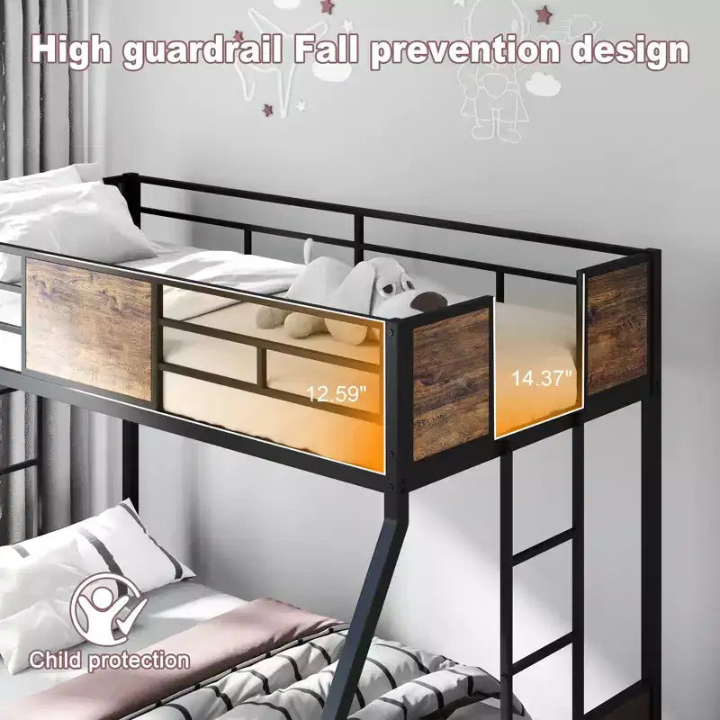 Letto a castello singolo sopra piazza e mezza con 2 scale e sponde di sicurezza, struttura in metallo con supporti in MDF, marrone