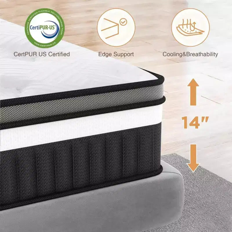 Offerta di Pasqua Materasso ibrido Queen da 14 pollici in scatola, memory foam in gel, sonno rinfrescante, sensazione media, rivestimento traspirante, certificato CertiPUR-US