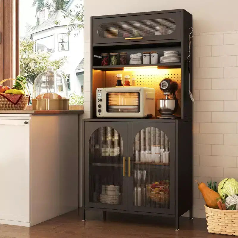 Dispensa da cucina in metallo illuminata a LED da 66 pollici, porta vivande a 5 ripiani con scaffali regolabili e mobile superiore