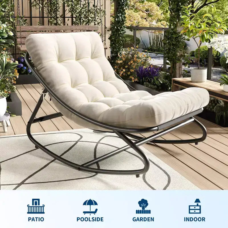 Sedia a dondolo da esterno per patio, moderna e accogliente con cuscini spessi per balcone, portico o patio, robusta struttura in metallo