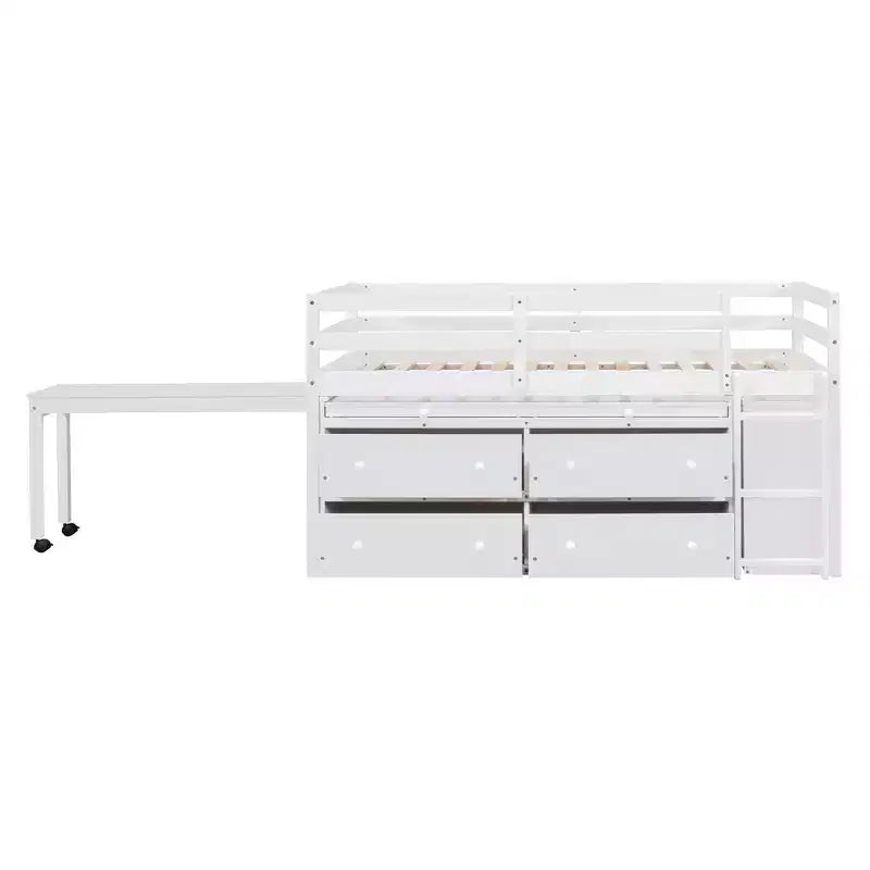 Letto basso con scrivania a scomparsa, telaio letto in legno salvaspazio con 4 cassetti e 4 ripiani