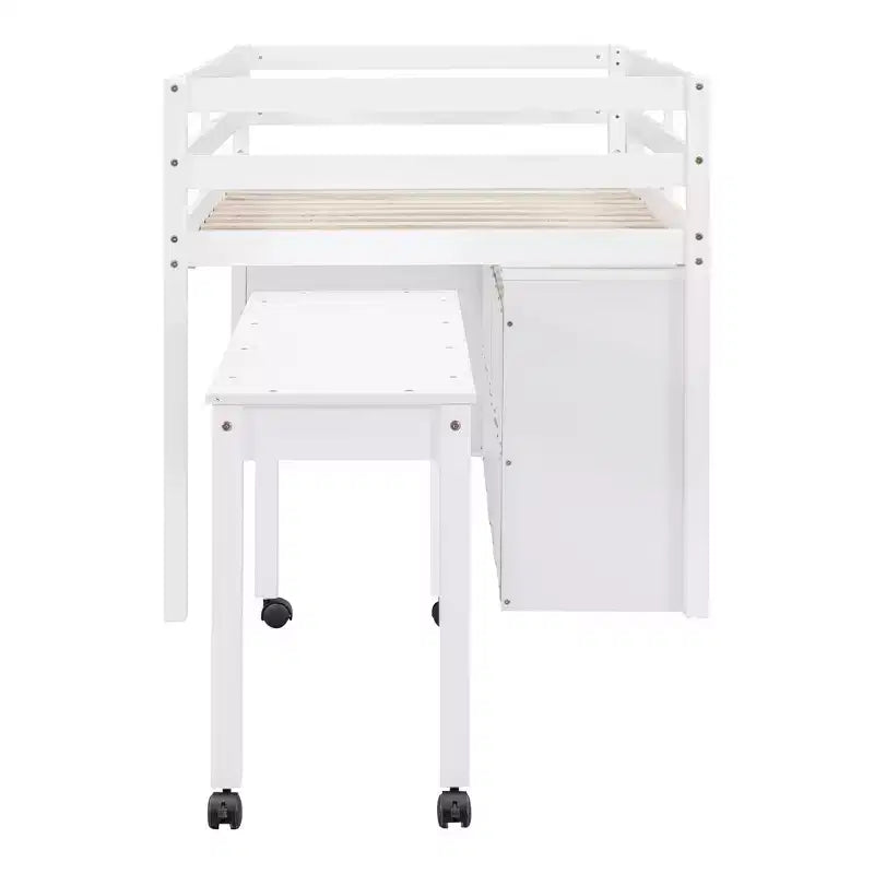 Letto basso con scrivania a scomparsa, telaio letto in legno salvaspazio con 4 cassetti e 4 ripiani