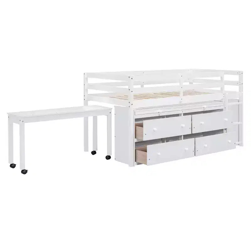 Letto basso con scrivania a scomparsa, telaio letto in legno salvaspazio con 4 cassetti e 4 ripiani
