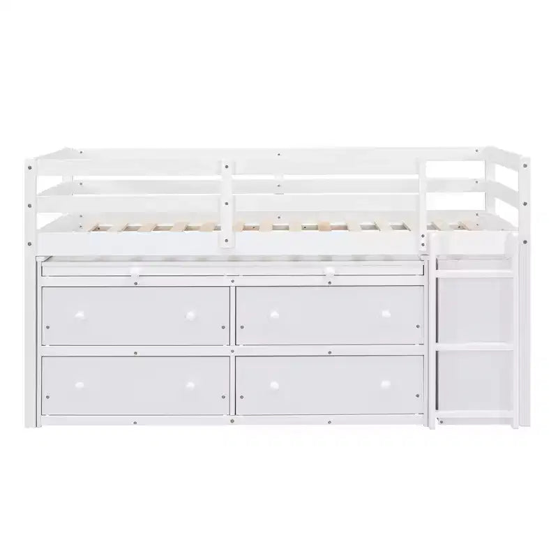 Letto basso con scrivania a scomparsa, telaio letto in legno salvaspazio con 4 cassetti e 4 ripiani