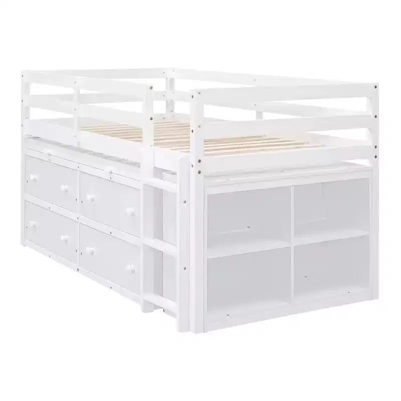 Letto basso con scrivania a scomparsa, telaio letto in legno salvaspazio con 4 cassetti e 4 ripiani