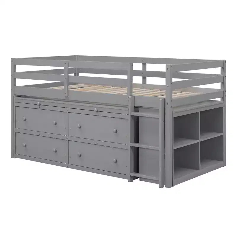Letto basso con scrivania a scomparsa, telaio letto in legno salvaspazio con 4 cassetti e 4 ripiani