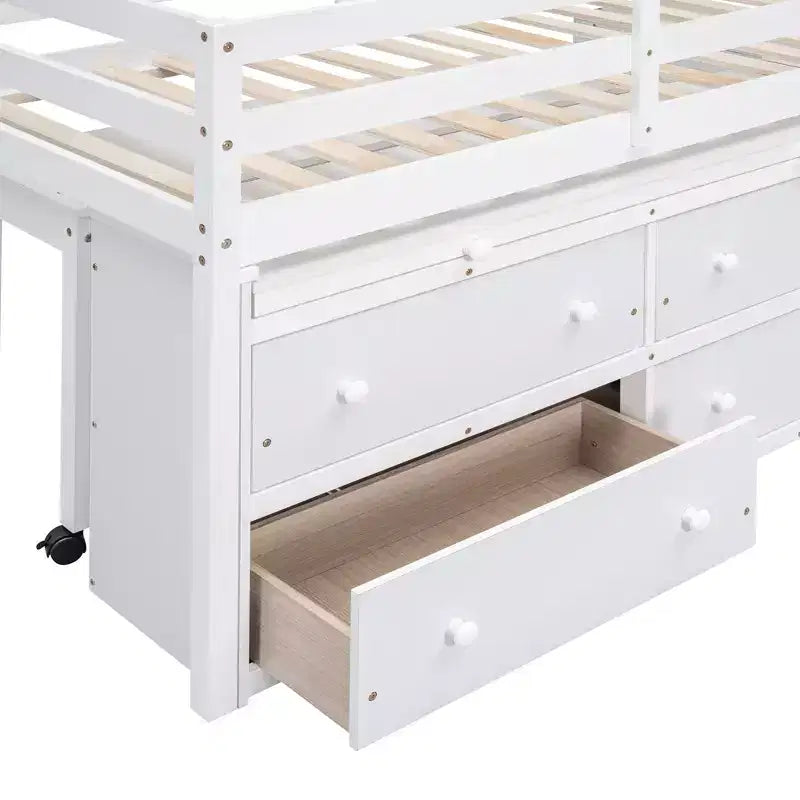 Letto basso con scrivania a scomparsa, telaio letto in legno salvaspazio con 4 cassetti e 4 ripiani
