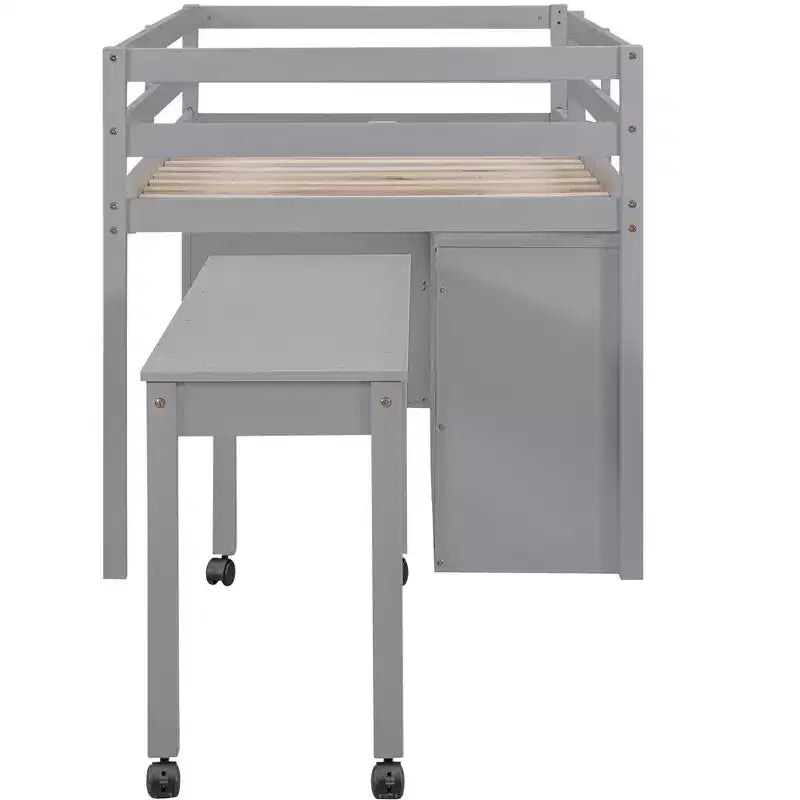 Letto basso con scrivania a scomparsa, telaio letto in legno salvaspazio con 4 cassetti e 4 ripiani