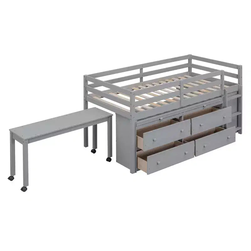 Letto basso con scrivania a scomparsa, telaio letto in legno salvaspazio con 4 cassetti e 4 ripiani