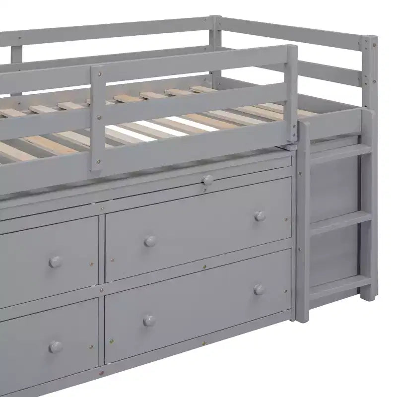 Letto basso con scrivania a scomparsa, telaio letto in legno salvaspazio con 4 cassetti e 4 ripiani