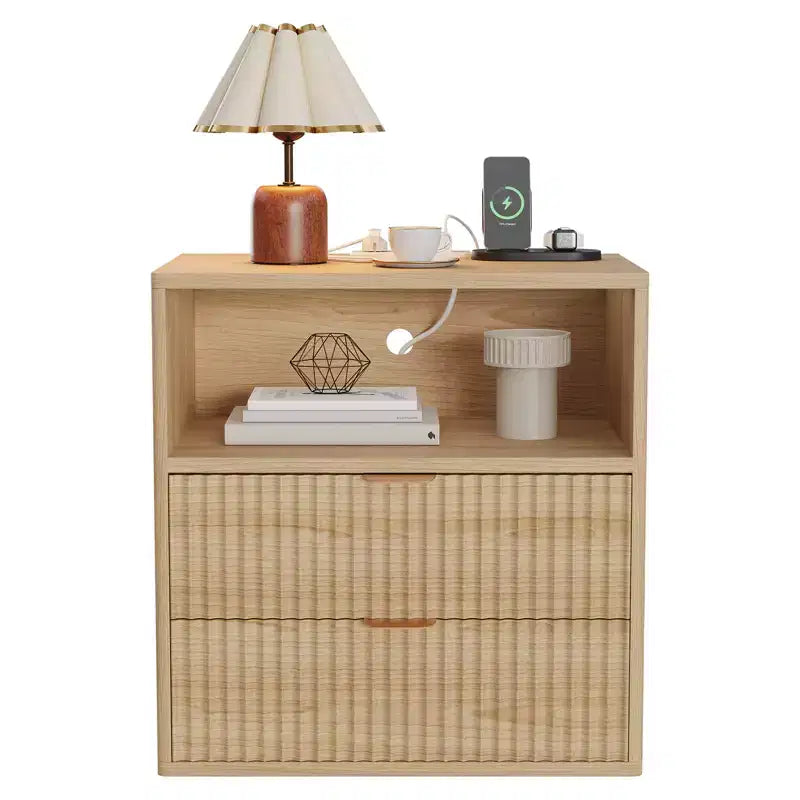 Fluted Farmhouse Night Stand with Charging Station  23 Mid-Century Modern 2-Drawer End Table for Bedroom