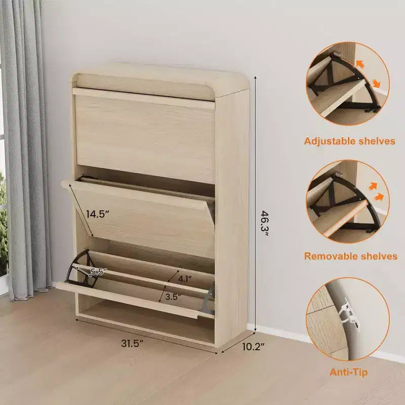 Scarpiera con 3 cassetti a ribalta, scarpiera in legno con ripiano regolabile, scarpiera nascosta per l'ingresso, porta scarpe per l'ingresso
