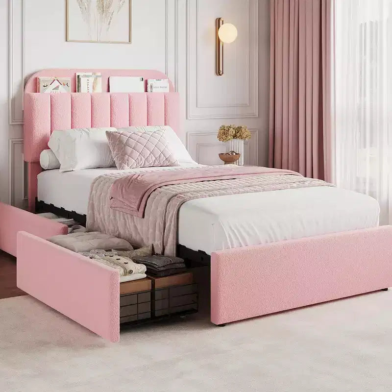 Twin Bed Frame with Headboard, 2 Flexible Drawers and Bookcase for Kids Room, Pink