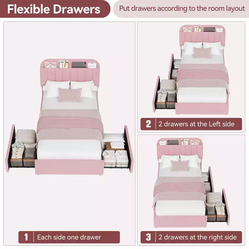 Struttura Letto Singolo con Testiera, 2 Cassetti Flessibili e Libreria per la Cameretta dei Bambini, Rosa