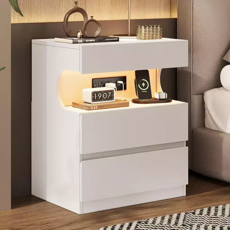 White Nightstand with LED Light & Charging Station - 3 Drawer Bedside Table with USB Ports