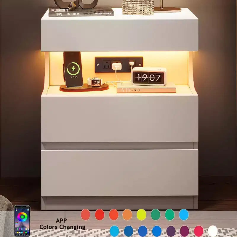 Comodino Bianco con Luce LED e Stazione di Ricarica - Comodino a 3 Cassetti con Porte USB