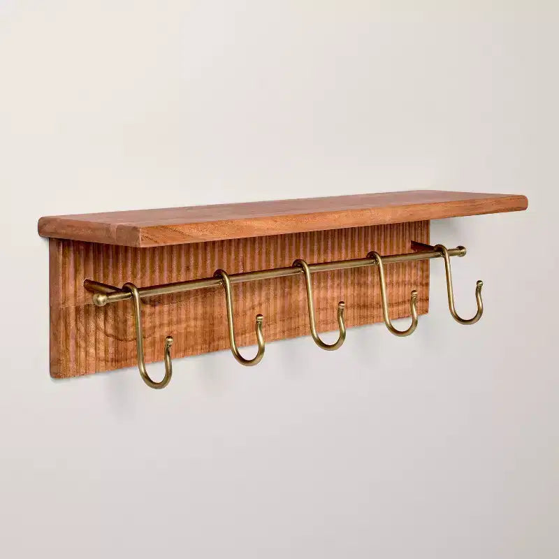24-Inch Grooved Wood Wall Shelf with Rail and Hooks for Home Decor