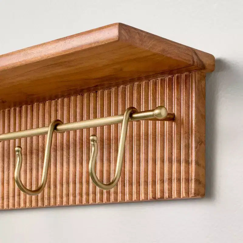 24-Inch Grooved Wood Wall Shelf with Rail and Hooks for Home Decor
