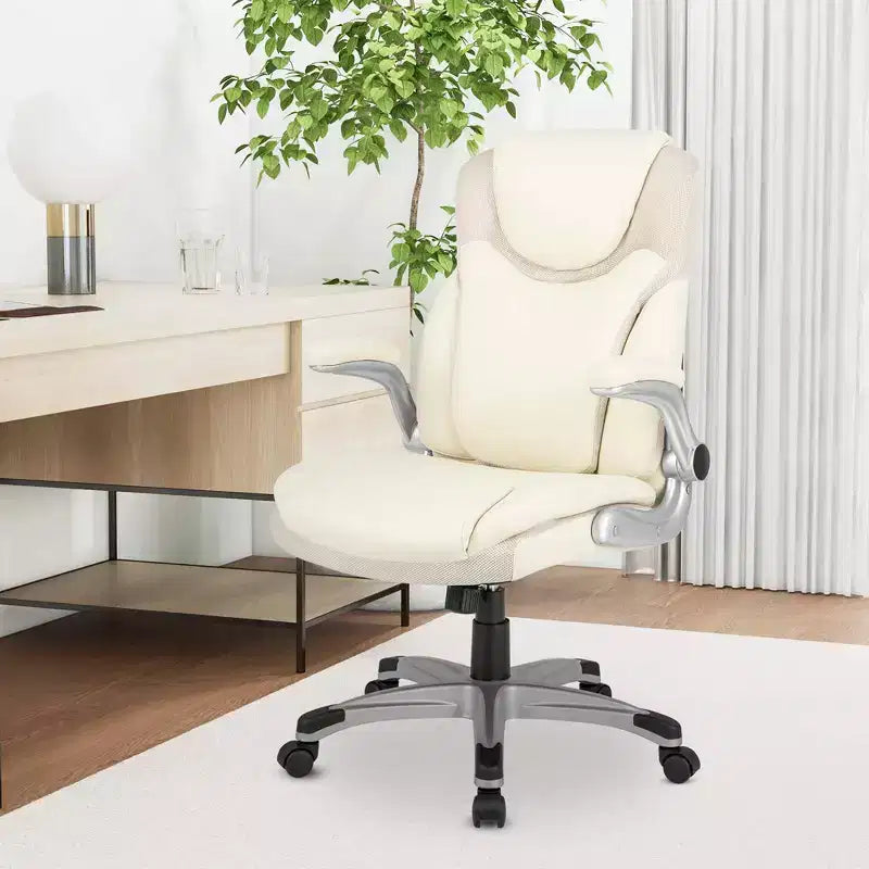 Ergonomic PU Leather Executive Office Chair with Flip-Up Armrests, Swivel, Brown/White/Black