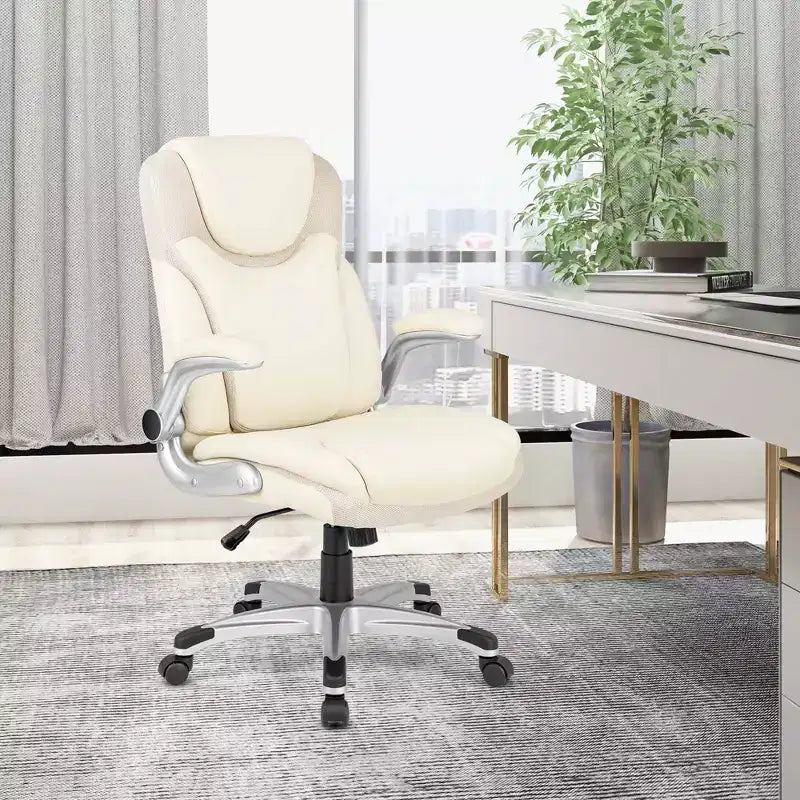 Ergonomic PU Leather Executive Office Chair with Flip-Up Armrests, Swivel, Brown/White/Black