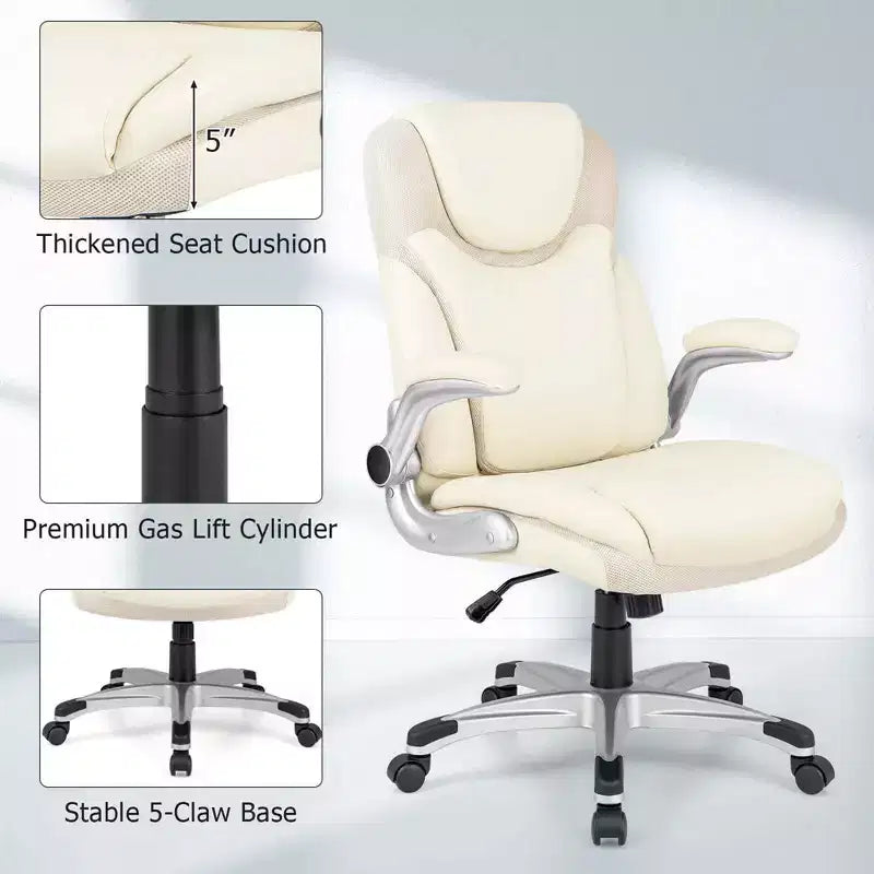 Ergonomic PU Leather Executive Office Chair with Flip-Up Armrests, Swivel, Brown/White/Black