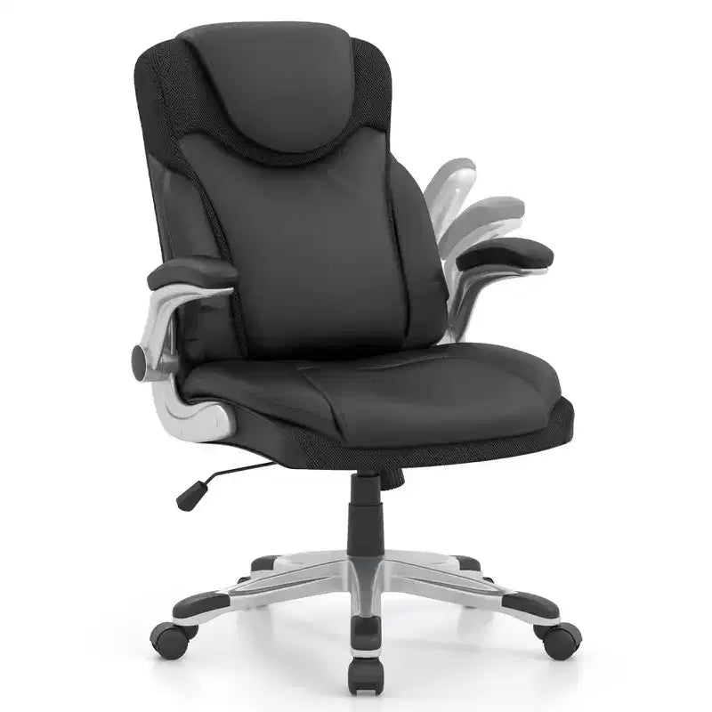 Ergonomic PU Leather Executive Office Chair with Flip-Up Armrests, Swivel, Brown/White/Black