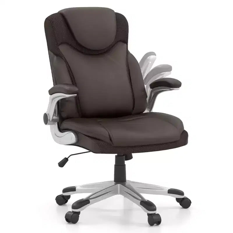 Ergonomic PU Leather Executive Office Chair with Flip-Up Armrests, Swivel, Brown/White/Black