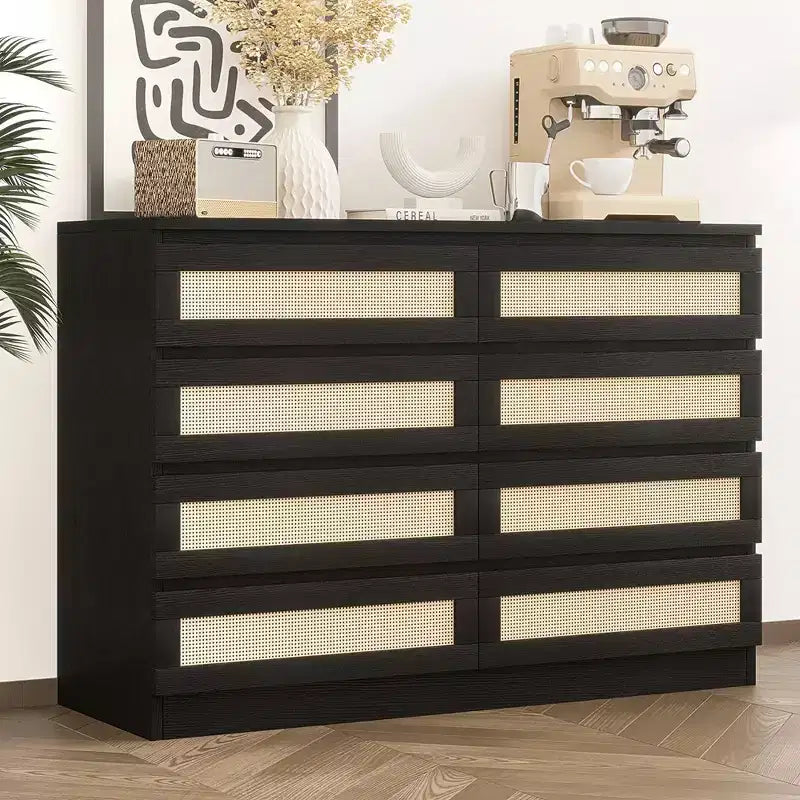 Cassettiera doppia a 8 cassetti con ante in rattan per camera da letto, cameretta, soggiorno e ingresso