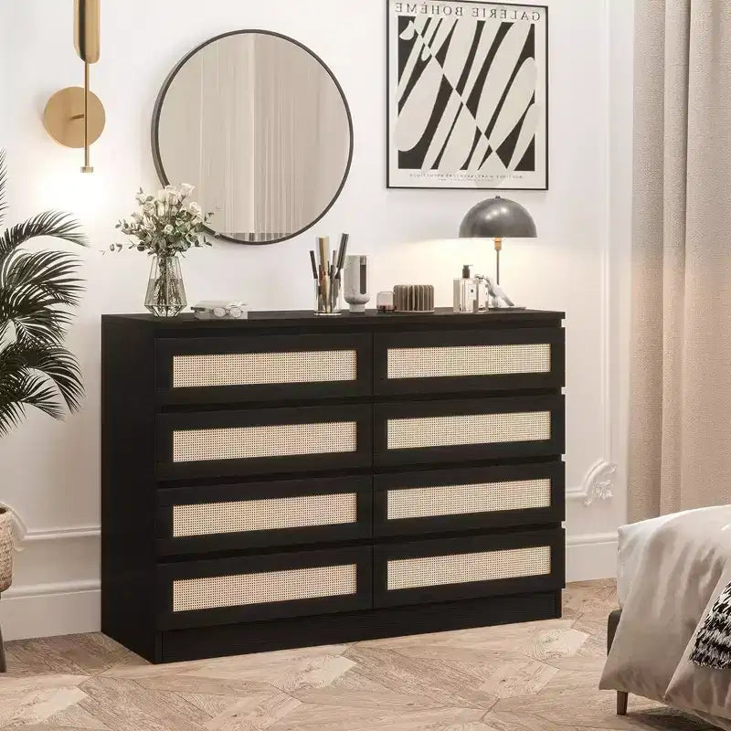 Cassettiera doppia a 8 cassetti con ante in rattan per camera da letto, cameretta, soggiorno e ingresso