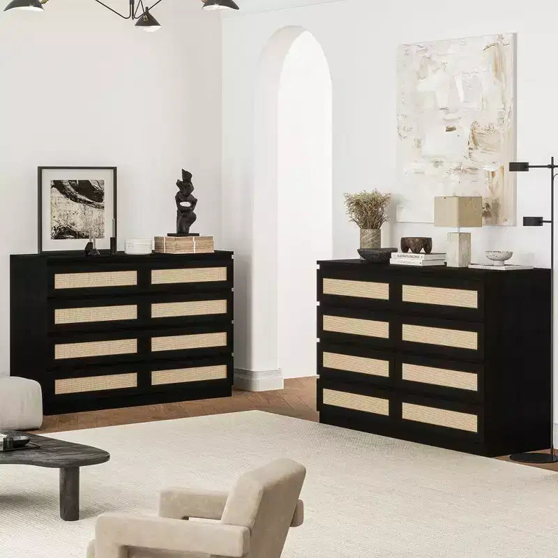 Cassettiera doppia a 8 cassetti con ante in rattan per camera da letto, cameretta, soggiorno e ingresso