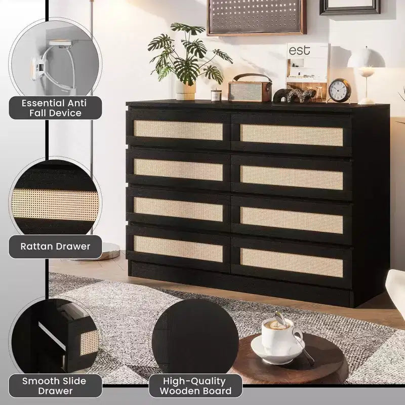 Cassettiera doppia a 8 cassetti con ante in rattan per camera da letto, cameretta, soggiorno e ingresso