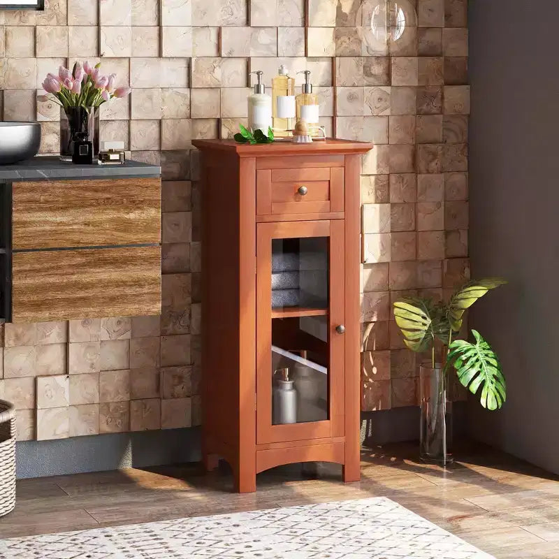 Mobiletto da bagno con anta singola in vetro, cassetto e ripiano regolabile, nero/marrone