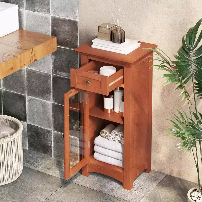 Mobiletto da bagno con anta singola in vetro, cassetto e ripiano regolabile, nero/marrone