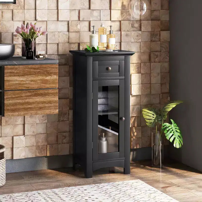 Mobiletto da bagno con anta singola in vetro, cassetto e ripiano regolabile, nero/marrone