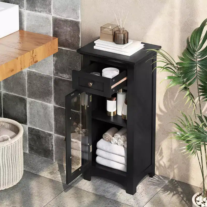 Mobiletto da bagno con anta singola in vetro, cassetto e ripiano regolabile, nero/marrone