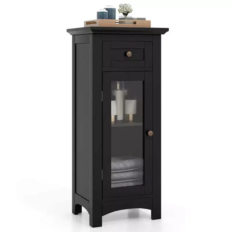 Costway Bathroom Floor Cabinet with Single Glass Door Drawer & Adjustable Shelf Black/Brown